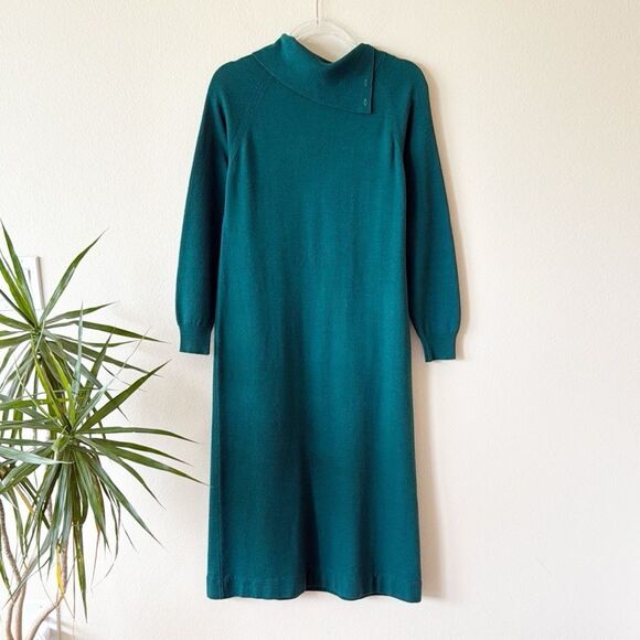 80’s Vintage Abercrombie & Fitch Emerald Green Fold Over Turtle Neck Midi Dress - Picture 1 of 12